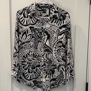 Lauren Ralph Lauren 100% Cotton Black and White Leaf Pattern Top